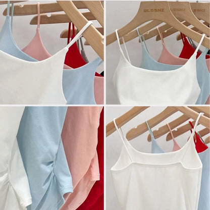 SIX Solid color SPAGHETTI  Tank Top.   Women's Cotton Summer Tank Tops,  New Slim Fit with  SLIGHT STRETCH for  Girls/Women. Waist Cinched .