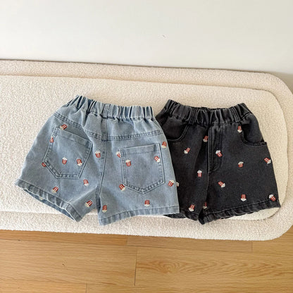 Kids Denim Shorts for 80-150cm Boys  or  Girls. Popcorn Embroidery  with Elastic Waist, Casual Knee Length Teen Children Pants