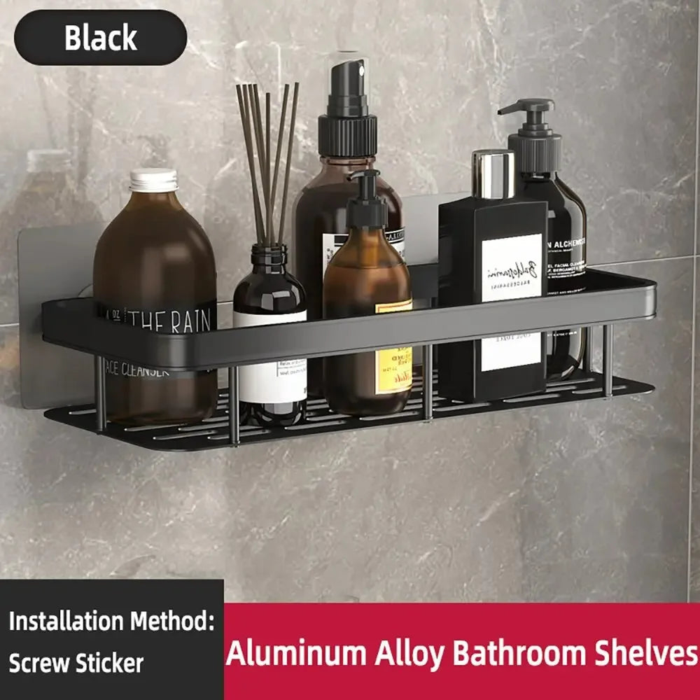 Towel rack wall mounted shower shampoo rack.   no drill rack,  tripod wall mounted corner rectangular bathroom rack.