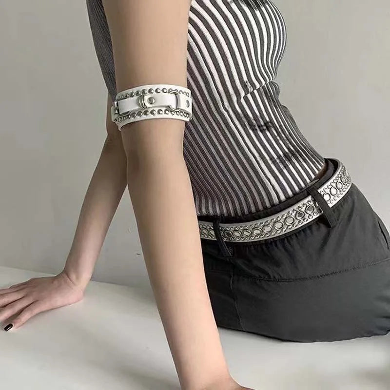 WHITE Leather Only,  Adjustable Bracelet for Women/ Men , Vintage,  Rivet,  Wide Personality Cuff Bangle, Jewelry Gifts