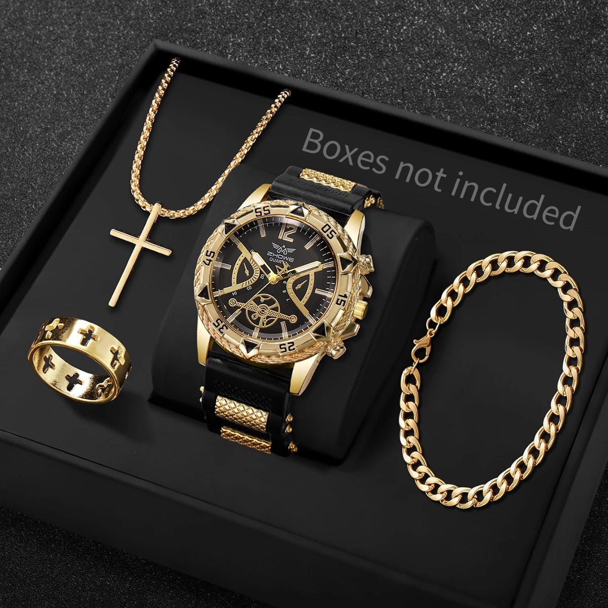 4PCS Fashion Arabic Dial Men s Business Quartz Watch with Casual Silicone Strap  on Wristwatch and including the 3- piece Necklace Set.(Without Box)All styles are available as I am typing.  This attractive set can easily be g