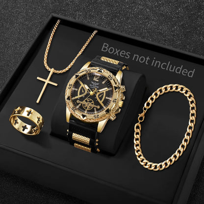 4PCS Fashion Arabic Dial Men s Business Quartz Watch with Casual Silicone Strap  on Wristwatch and including the 3- piece Necklace Set.(Without Box)All styles are available as I am typing.  This attractive set can easily be g