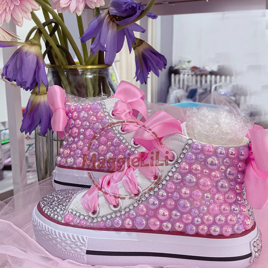 Handmade Rhinestones,  Bling  for Girls/ Womens /Kids And Mother Candy Canvas Shoes.   Pearl Sneakers For Girls Gift