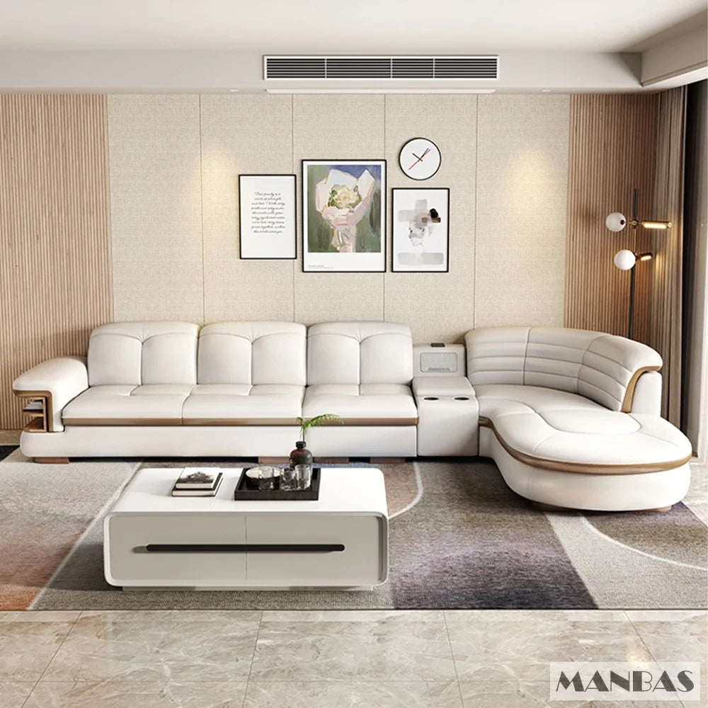 Luxury L-Shaped Genuine Leather Sectional Sofa Sets with USB, Bluetooth Speaker - Living Room, Italian Leather Couches