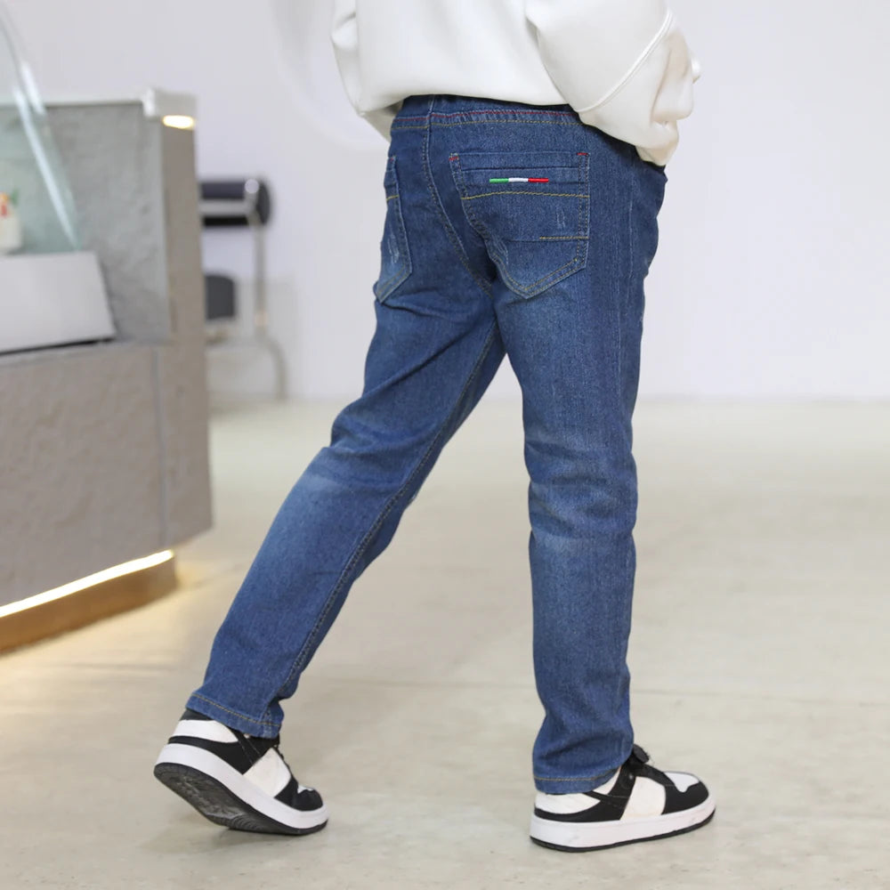 Kids Slim Jeans.  Teen Boys Casual Trousers,  Child Elastic Waist Pants,  4-11 Years of age. Solid Color Straight Denim Pants