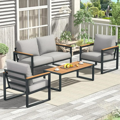 4 Pieces Outdoor Patio Furniture with Coffee Table Set, Metal Patio Set with Washable Cushions