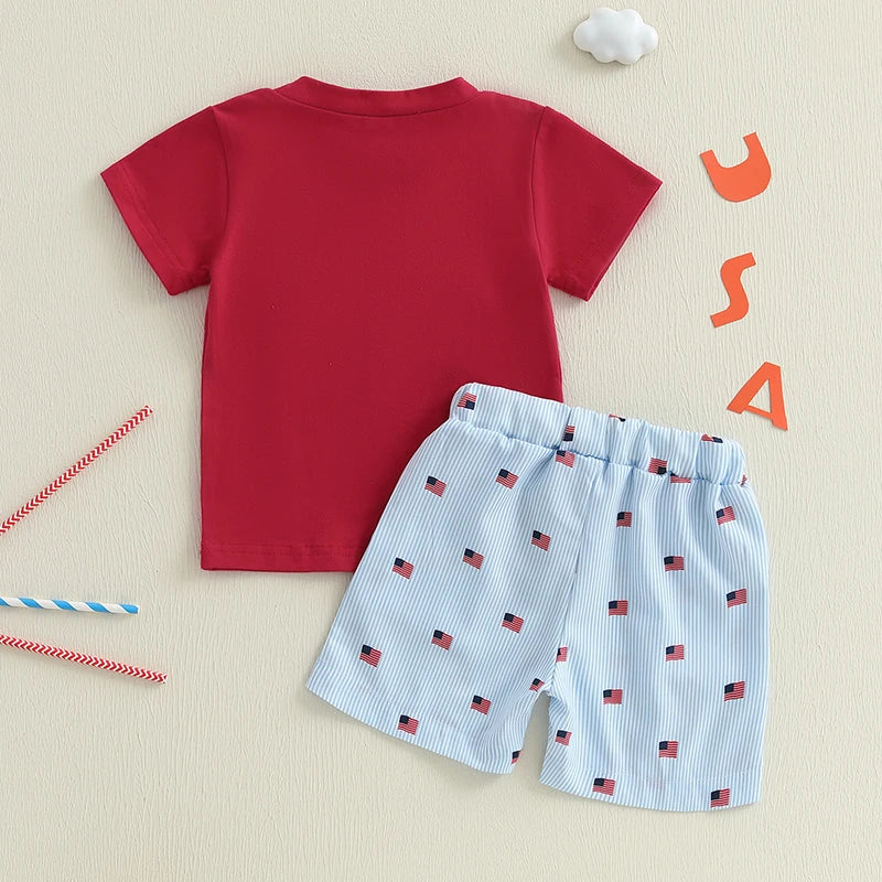 2025-02-22 Lioraitiin Baby Boys Patriotic Outfits Flag Embroidery Short Sleeves T-Shirt and Elastic Striped Shorts Clothes Set