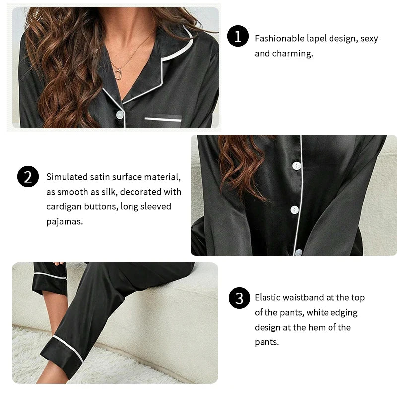 Plus Size Pajamas Women Fall and Winter Ice Silk Long Sleeve Two Piece Set Loungewear Nightwear Ladies Solid Color Sleepwear