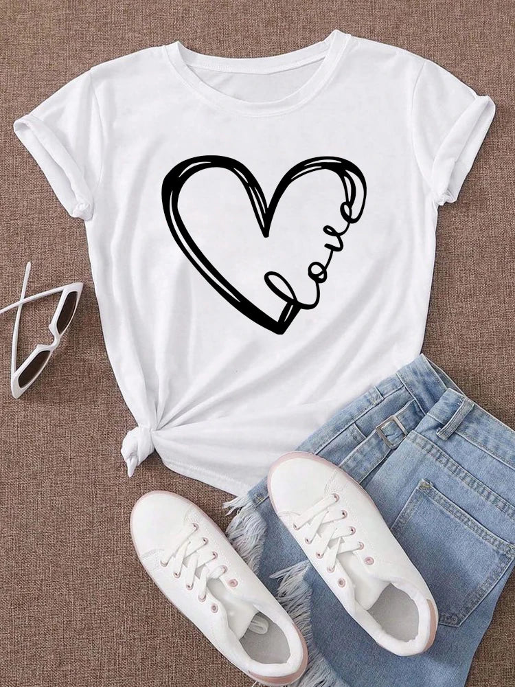 Love Heart Printed Trend,  Womens,Fashion Clothing,  Graphic T-shirts , Female Short Sleeve,Casual Tee