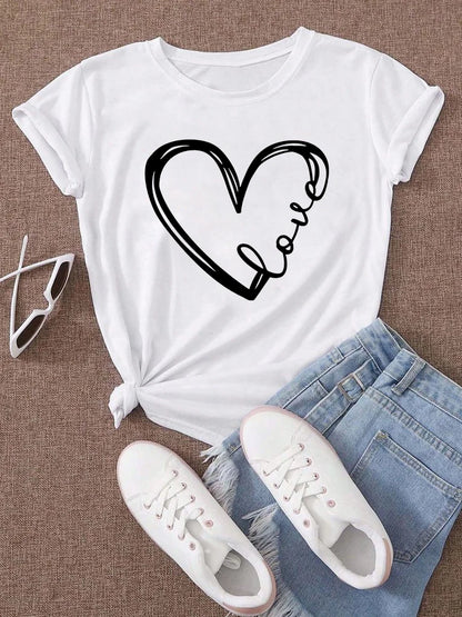 Love Heart Printed Trend,  Womens,Fashion Clothing,  Graphic T-shirts , Female Short Sleeve,Casual Tee