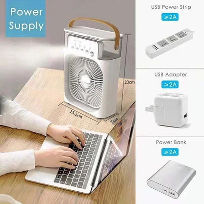 New 3 In 1 Fan AIr Conditioner Household Mini Air Cooler.   LED Night Light Portable Humidifier Air Adjustment Fan for  Home/Office, Car, Outside. Black is the most available color, white is lower in quantity but still good.