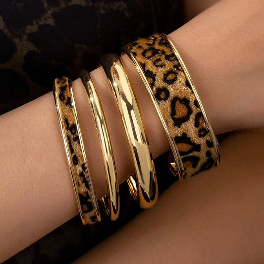 4pcs Bohemian Leopard Print Bracelet Set for Women , Retro Elegant Minimalist PU Leather Bangles,  Daily Wear Jewelry, Gift