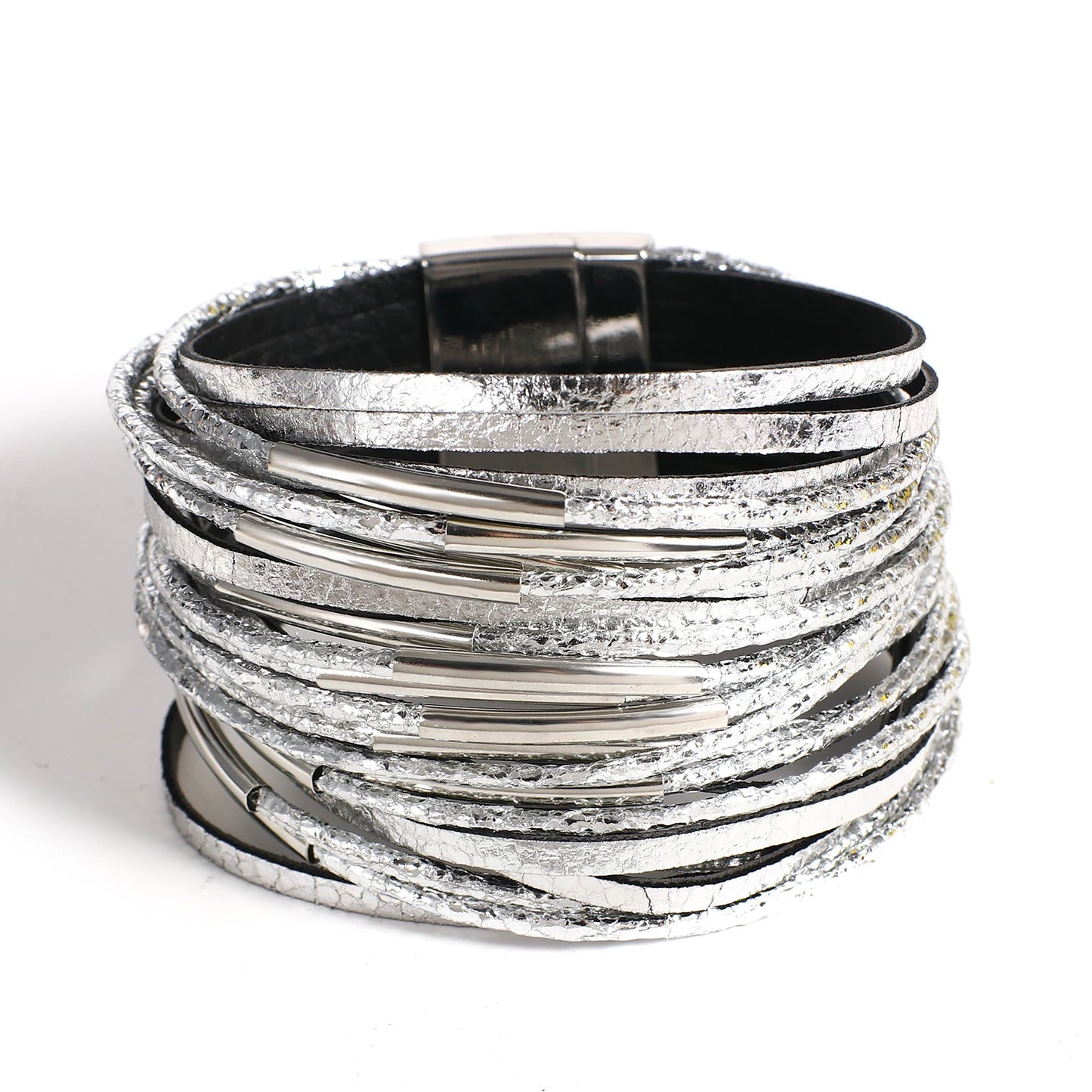 Trendy Metal Tube Leather Bracelet for Women /Men.  Chunky Glitter Filled Slim Multilayer Wrap Wide Bracelets. Nice JewelryGift