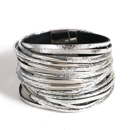 Trendy Metal Tube Leather Bracelet for Women /Men.  Chunky Glitter Filled Slim Multilayer Wrap Wide Bracelets. Nice JewelryGift