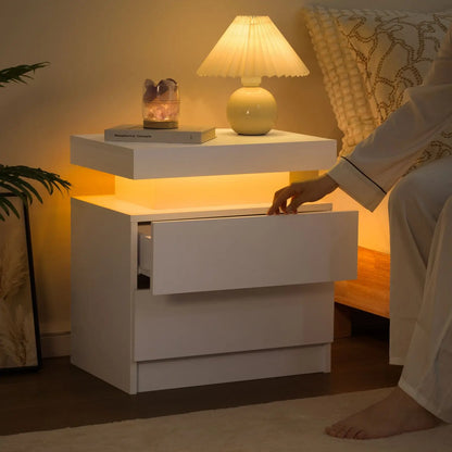 Cube LED Nightstand with 2 Drawers, End Table with RGB LED Lights for Bedroom, Living Room, in White