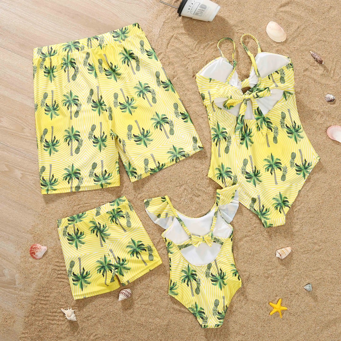 Matching  Family Outfits,.   Coconut Tree Print Holiday Look.  Beachwear for  Adults/ Kids.   Swimsuits for  Women /Girls. One-piece Suit for  Men /Boys Shorts
