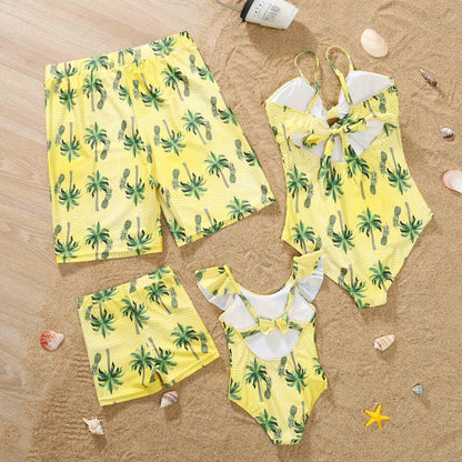 Matching  Family Outfits,.   Coconut Tree Print Holiday Look.  Beachwear for  Adults/ Kids.   Swimsuits for  Women /Girls. One-piece Suit for  Men /Boys Shorts