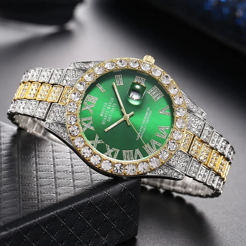 Hot Sale Diamond Bling Watch  for Men,  Gold Color,  Luxury Gift,  Quartz Watches, Mems Clock,  Dropshipping,   Rhinestone Calendar Wristwatch.  RED Face and   " 1 Gold Face "  are gone.  This is going fast.  Don't wait!!!