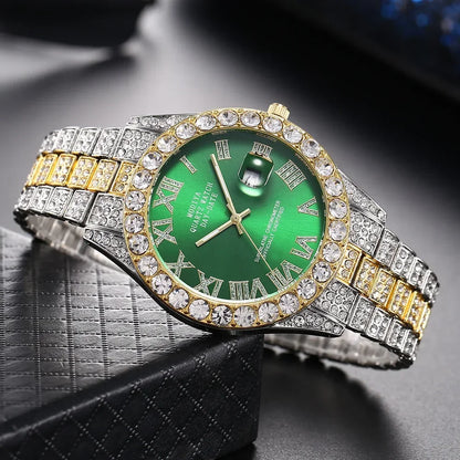 Hot Sale Diamond Bling Watch  for Men,  Gold Color,  Luxury Gift,  Quartz Watches, Mems Clock,  Dropshipping,   Rhinestone Calendar Wristwatch.  RED Face and   " 1 Gold Face "  are gone.  This is going fast.  Don't wait!!!