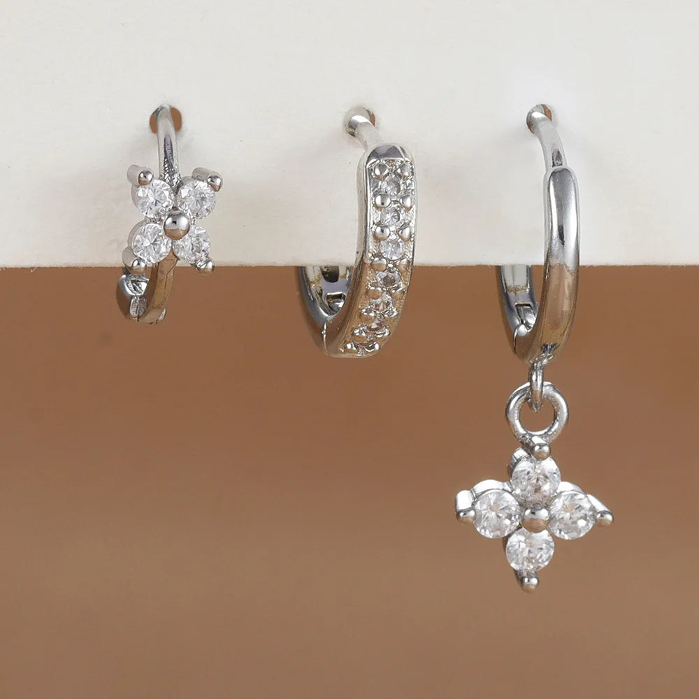 3PCS Fashion Orange Blue Zircon Hanging Earrings Set for Women Stainless Steel Flower Dangle Earring Piercing Jewelry
