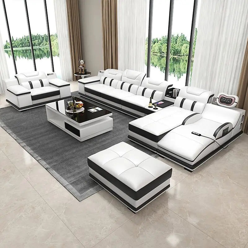 Linlamlim Italian Genuine Leather Sectional Sofa with Bluetooth, Speaker, Functional Headrest, Massage Chaise | Big Corner Couch