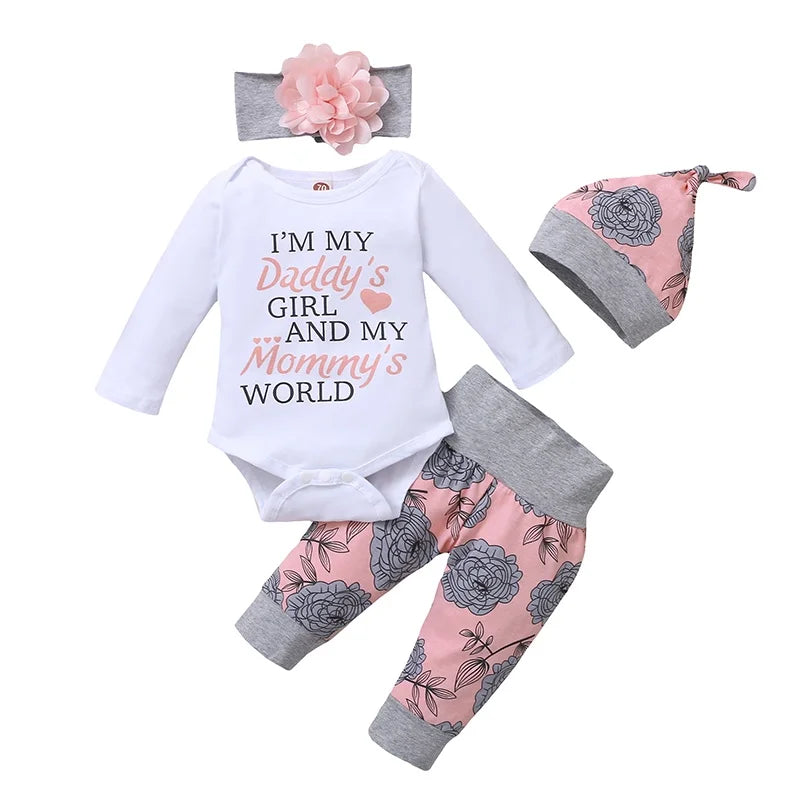 0-24 Months Newborn Baby Girl Clothing Set with Long Sleeves. Romper+Rose Pant+Hat+Headband Spring&Autumn 4PCS Outfit for Toddler Girl