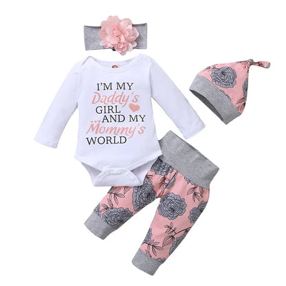 0-24 Months Newborn Baby Girl Clothing Set with Long Sleeves. Romper+Rose Pant+Hat+Headband Spring&Autumn 4PCS Outfit for Toddler Girl