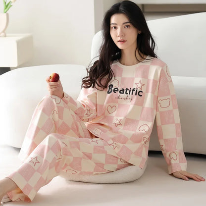 2Pcs/set women's pajamas spring and autumn with long trousers, cartoon cute  and can be worn outside  for leisure and comfort