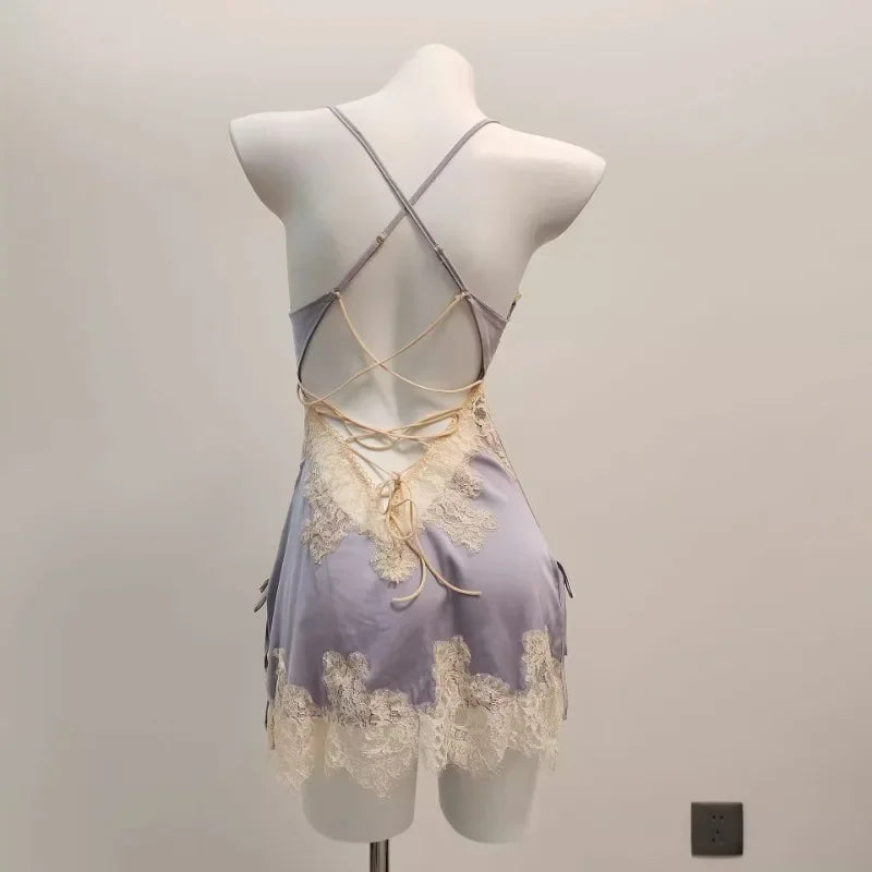 Sexy Pajamas for Women Nightwear.   Ice Silk Lace,  Beautiful Back Suspender Pajama Night Dress,  Elegant Strap,  Sweet Nightgown