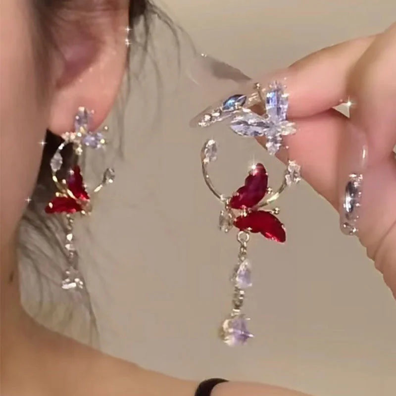 Elegant Red Zircon Butterfly Drop Earrings for Women  0n MOTHERS DAY.  Sweet Butterfly and Bow Earrings.Fashion Accessories