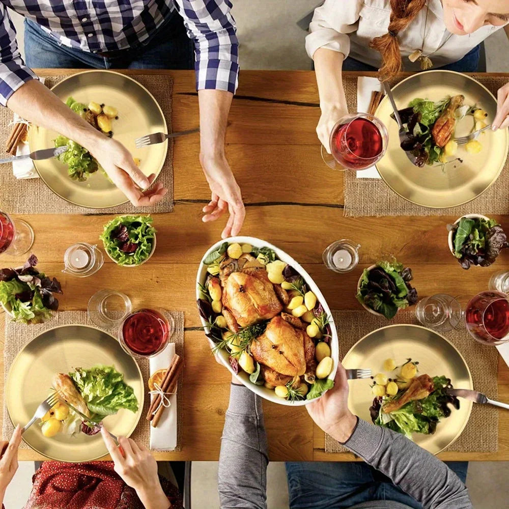 6Pcs Gold Stainless Steels Round Plate Rust-Proof Shallow Tray Plate Camping Plate,  Picnic Dishes Cookware,  There are 3 sizes left.  they are 30 cm, 26 cm, and 14 cm.  14 cm is the most available.