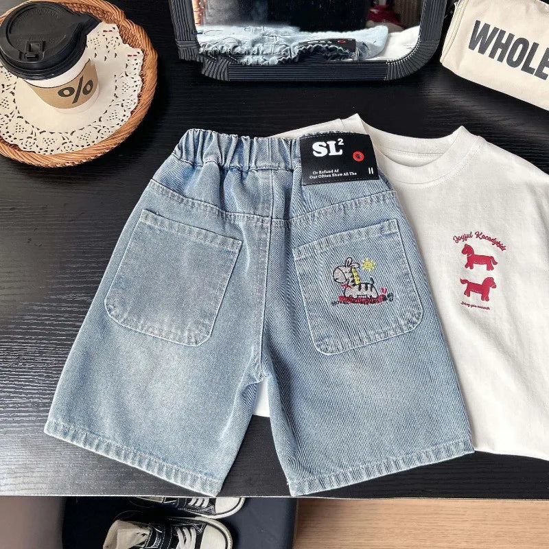 Summer Boys Shorts, Cartoon Embroidery, Boys Denim Shorts Water Wash, 2-10Yrs Boys Horse Pocket Jeans