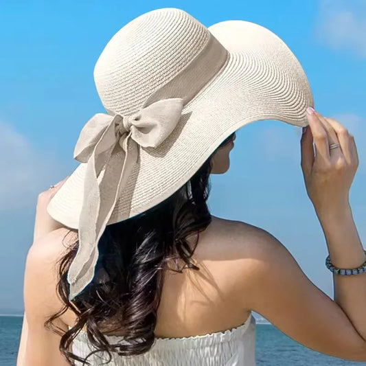 Summer Women's Large brimmed Straw Hat with Bow  and Wide BRIM.  Sunscreen,  Soft, Panama Hat, Foldable Beach Sunshade Hat