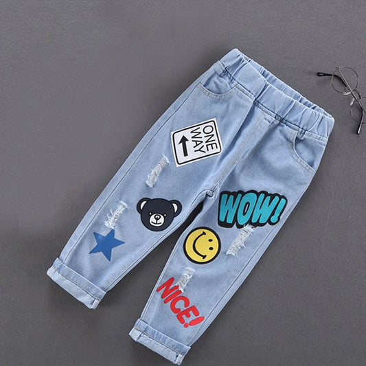 Children Jeans,   Boys Cotton Print Splice Stretch Denim Pants,  Teenage Trousers Wear,  Kids Clothing, Denim, Ripped,  Spring /Autumn