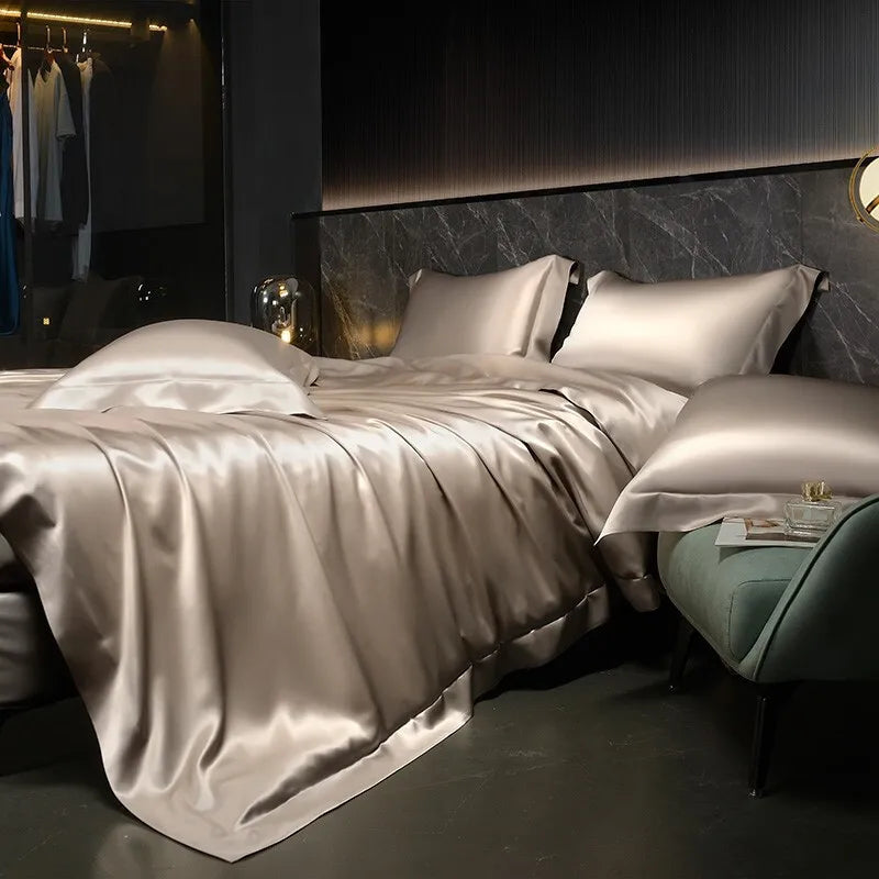 Solid 4pcs Silk Bedding Set with Duvet Cover,  Fitted/Flat Bed Sheet,  Pillowcase,  Bedspread and Coverlet,  Single / Double Bedsheet