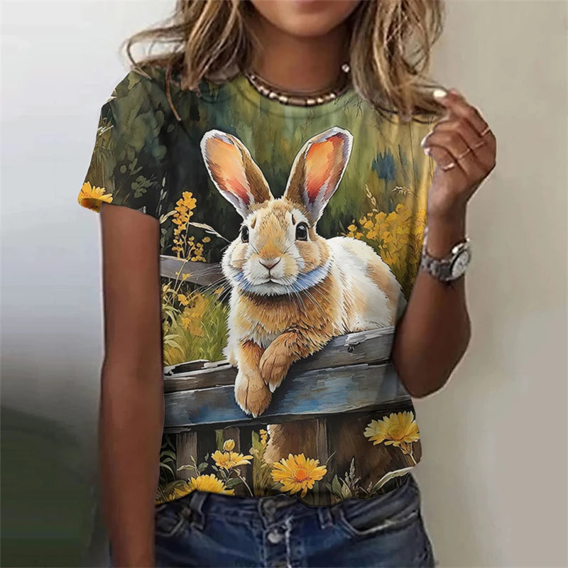 Cute Fun Rabbit Printed T Shirt, Unisex,  Short Sleeve O Neck, Fashion  for Easterwear.  T Shirts  for Summer Casual Outdoor, Soft Tops