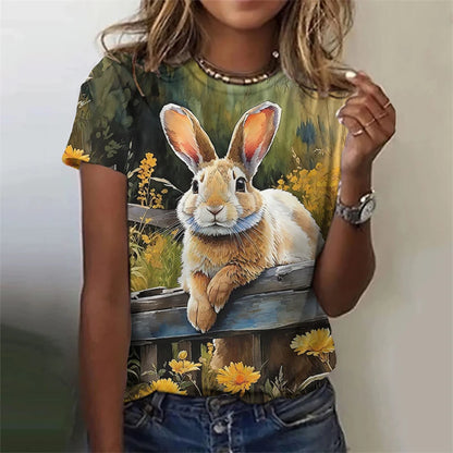 Cute Fun Rabbit Printed T Shirt, Unisex,  Short Sleeve O Neck, Fashion  for Easterwear.  T Shirts  for Summer Casual Outdoor, Soft Tops