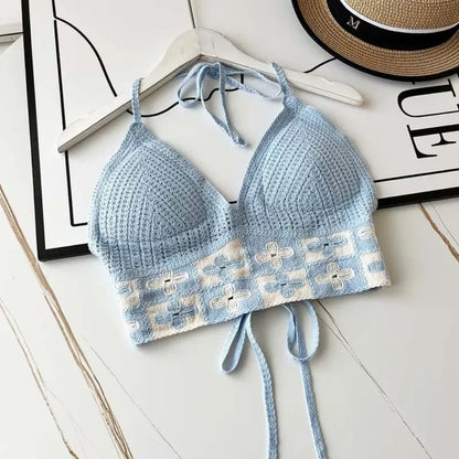 National Style Women Swimwear Top with Chest Pads Bohemian Beach Wear Outfit Crochet Hanging Neck Summer Sling Beach Vacation