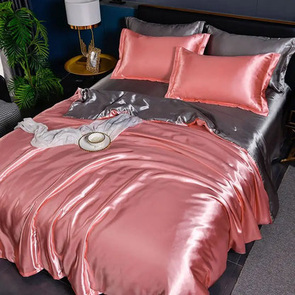 Nordic Satin Silk Bedding Set with Duvet Cover,  Bed Sheet,  Pillowcases.   Luxury Solid Single, Double, Couple Pillow Case and Bedsheet