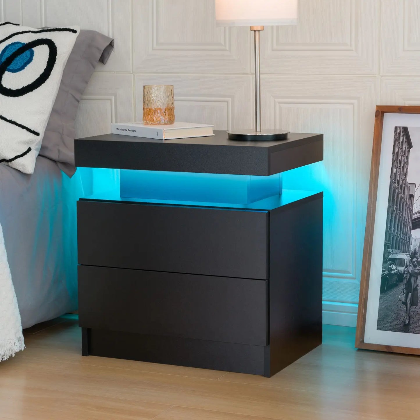Cube LED Nightstand with 2 Drawers, End Table with RGB LED Lights for Bedroom, Living Room, in White
