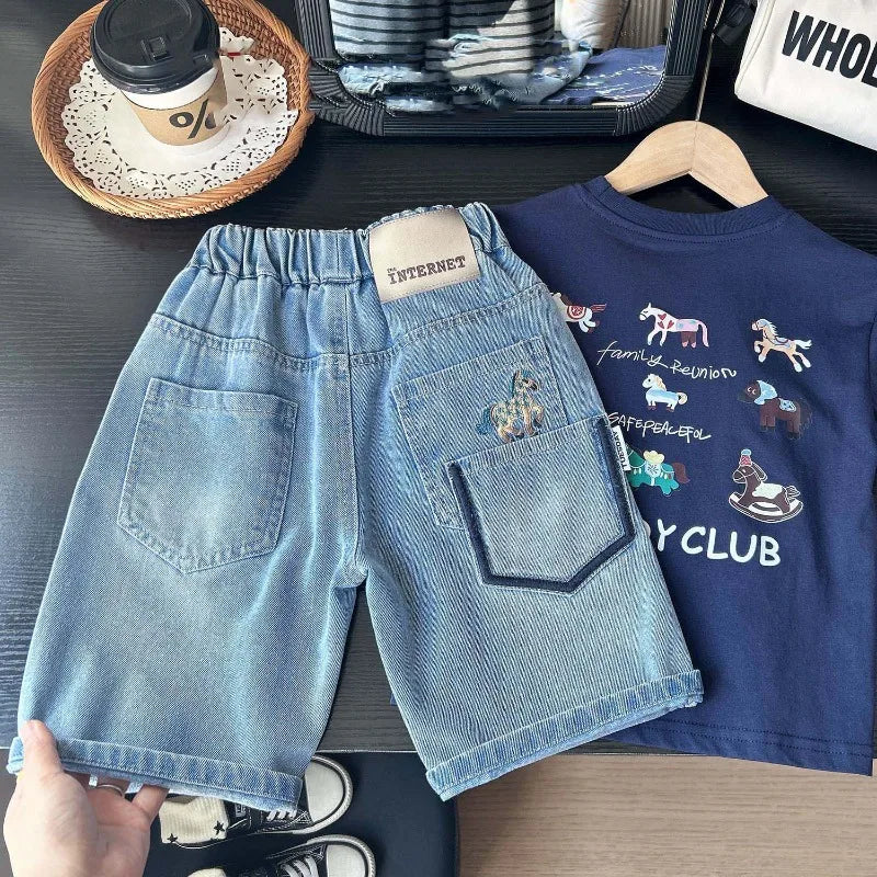 Summer Boys Shorts, Cartoon Embroidery, Boys Denim Shorts Water Wash, 2-10Yrs Boys Horse Pocket Jeans