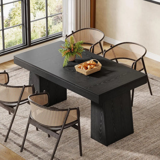 Black Dining Room Table for 4-6, 55-Inch Mid-Century Modern Dining Table with Double Pedstral, Rectangular Wood, Customized
