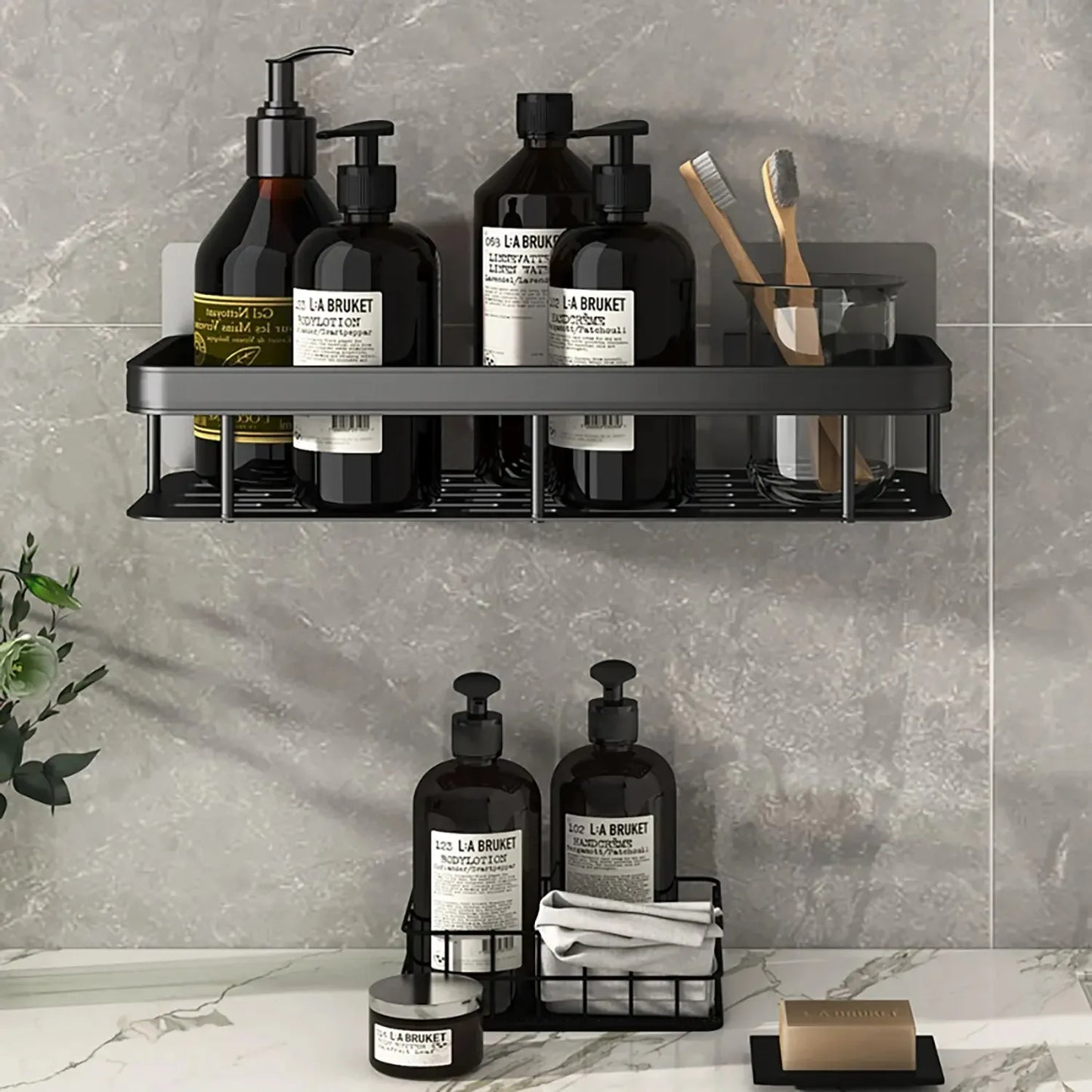 Towel rack wall mounted shower shampoo rack.   no drill rack,  tripod wall mounted corner rectangular bathroom rack.