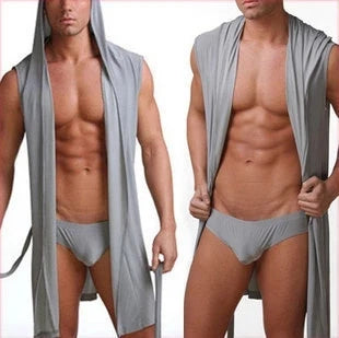 Men's Pajamas,  Sleeveless,  Oversized,  Silky,  Male Pajamas.   Hooded Bathrobe and Ultra-thin Homewear,  Bath Robe
