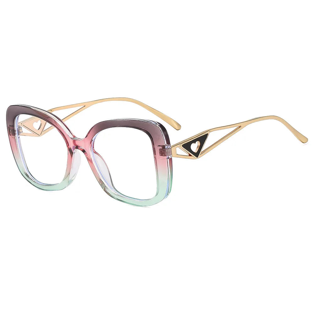 Luxury Brand,  Oversized, Square Reading Glasses  for Women  with Triangle heart on the temple.  Blue-Light Blocking, Clear Computer Glasses