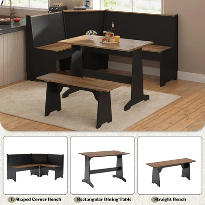 3 Piece Breakfast Nook,  Dining Set, L-Shaped Corner Bench with Hidden Storage, Space-Saving Kitchen Table Set for Small Spaces, Bla