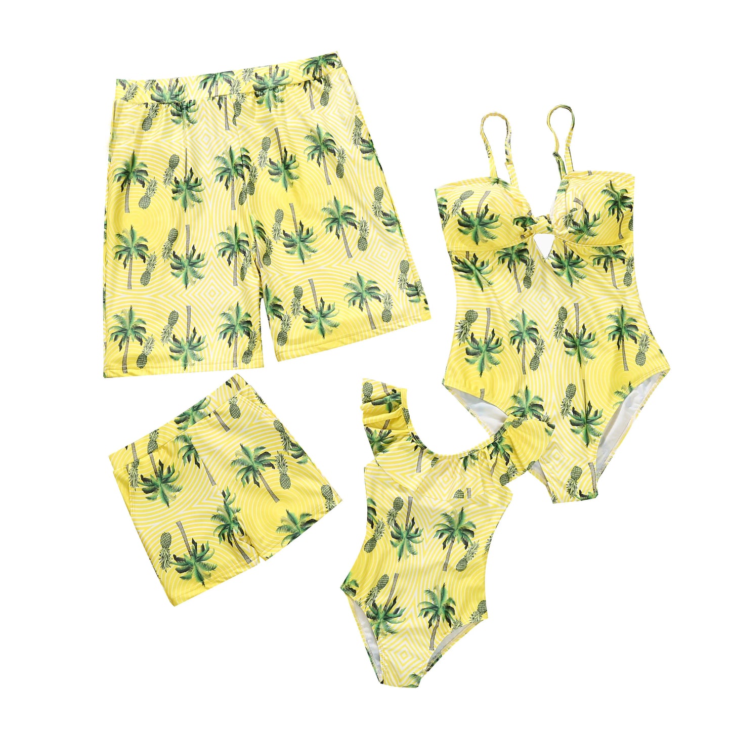 Matching  Family Outfits,.   Coconut Tree Print Holiday Look.  Beachwear for  Adults/ Kids.   Swimsuits for  Women /Girls. One-piece Suit for  Men /Boys Shorts