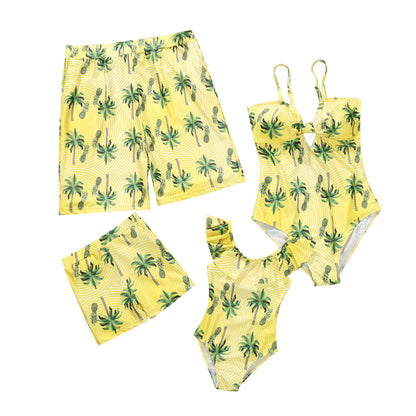 Matching  Family Outfits,.   Coconut Tree Print Holiday Look.  Beachwear for  Adults/ Kids.   Swimsuits for  Women /Girls. One-piece Suit for  Men /Boys Shorts