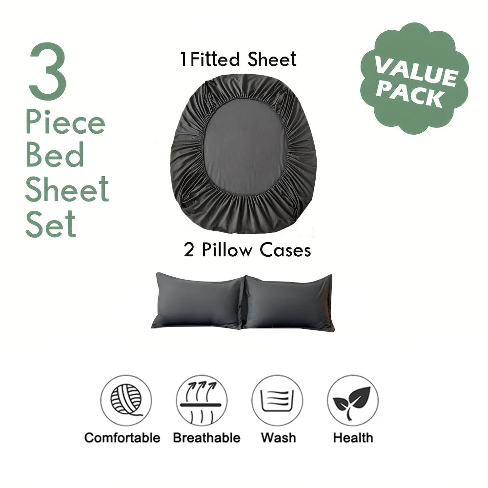 3pcs Cotton Fitted Bed Sheet Set (1 Fitted Sheet + 2 Pillowcases) Breathable.  Soft,   Mattress Cover with Pillow Covers