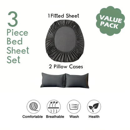 3pcs Cotton Fitted Bed Sheet Set (1 Fitted Sheet + 2 Pillowcases) Breathable.  Soft,   Mattress Cover with Pillow Covers